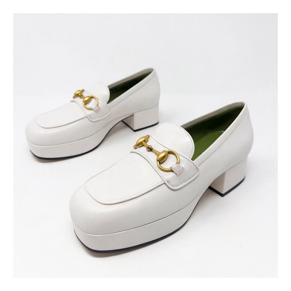 Gucci Houdan Horsebit Platform Loafers White Leather Womens Size EU 36